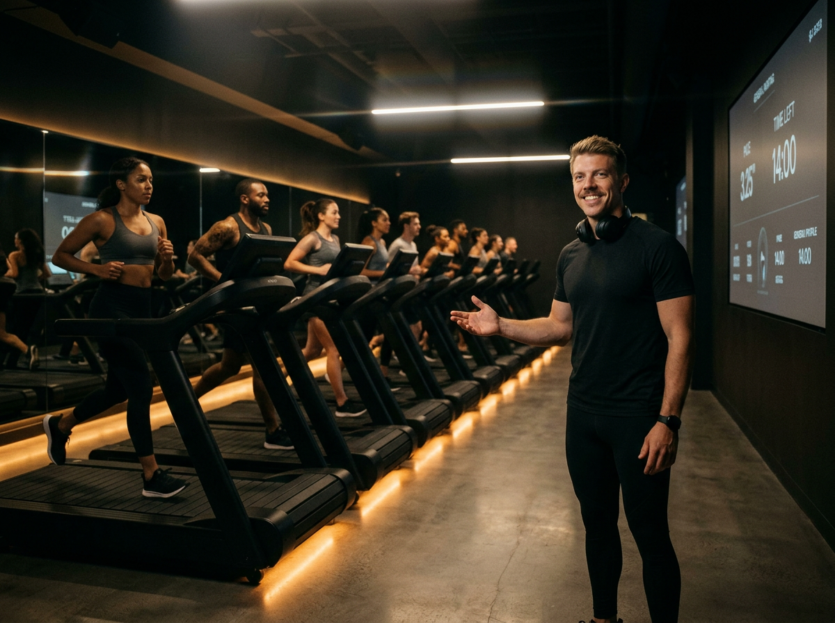 Coach in headset guiding a beginner runner on a treadmill