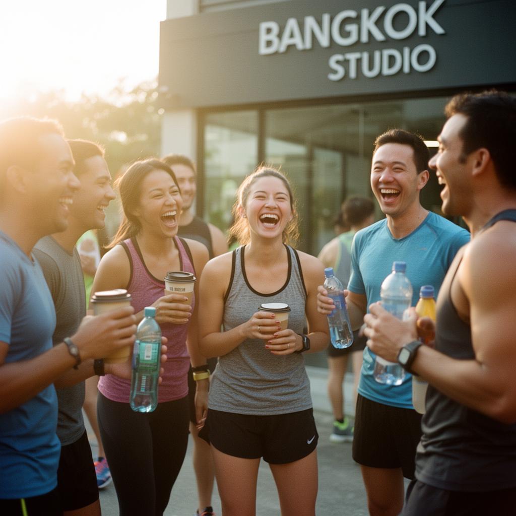 Group of runners laughing together with coffee and water bottles after a workout