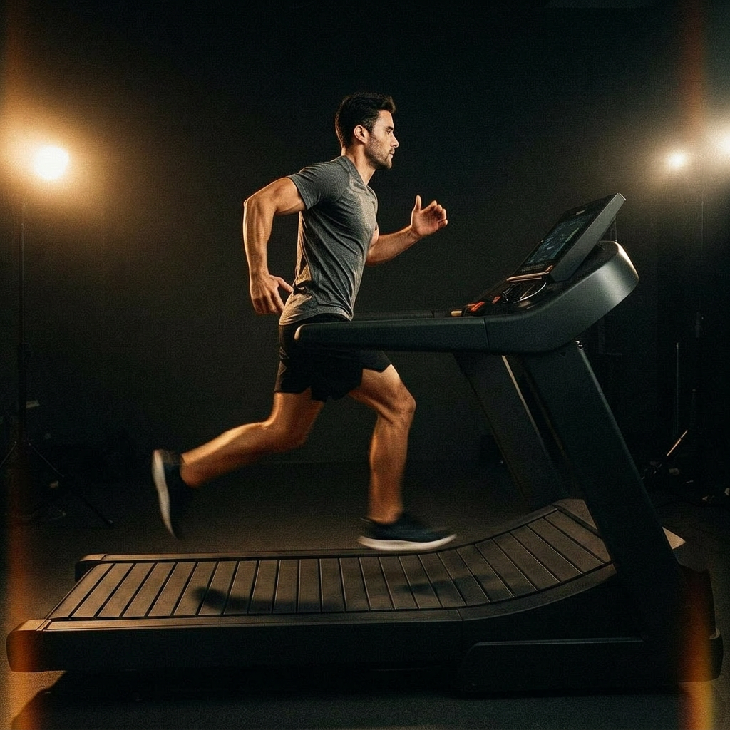 Athletic runner sprinting on a treadmill in dramatic warm light